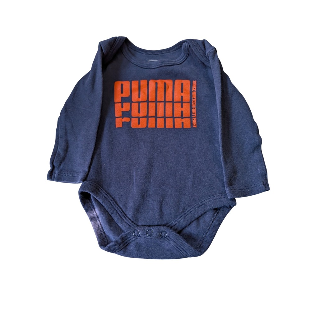 Puma Baby Bodysuit Navy Blue Orange Long Sleeve Graphic Logo 3-6 Months Infant